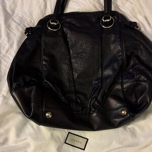 Gucci Black Embossed Leather Tote with Gold Rings